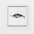 Stippling painting of a narwhal on a white background in a framee