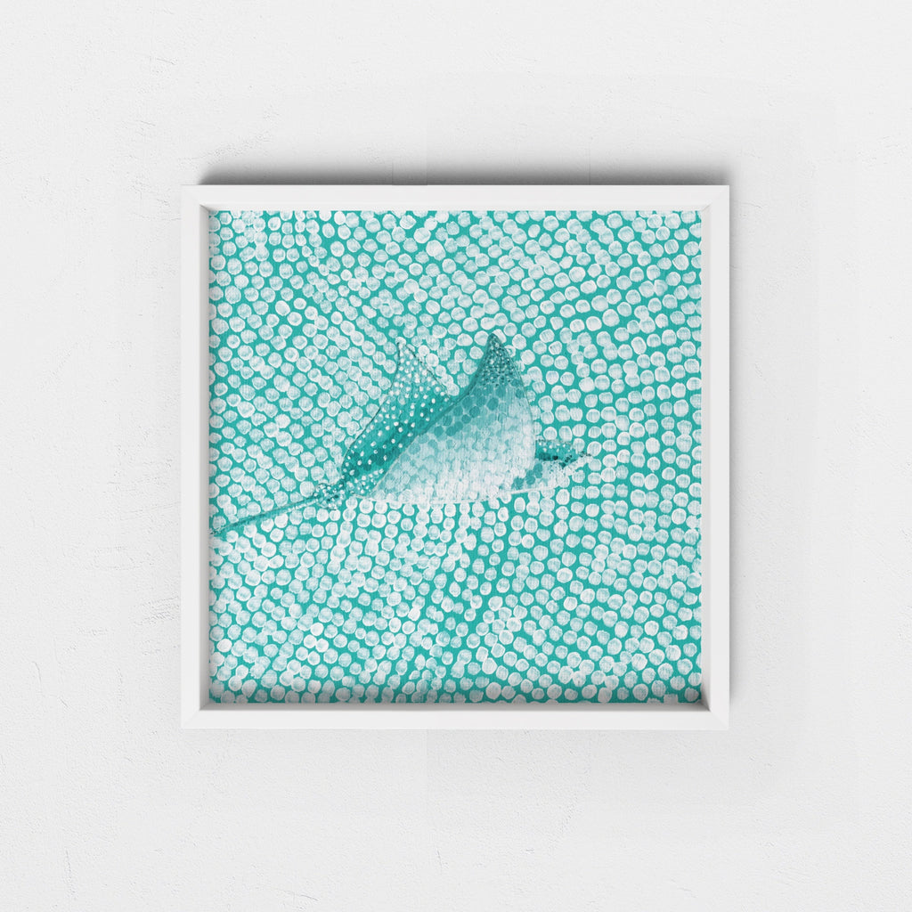 Framed artwork of a eagle ray on a textured teal background