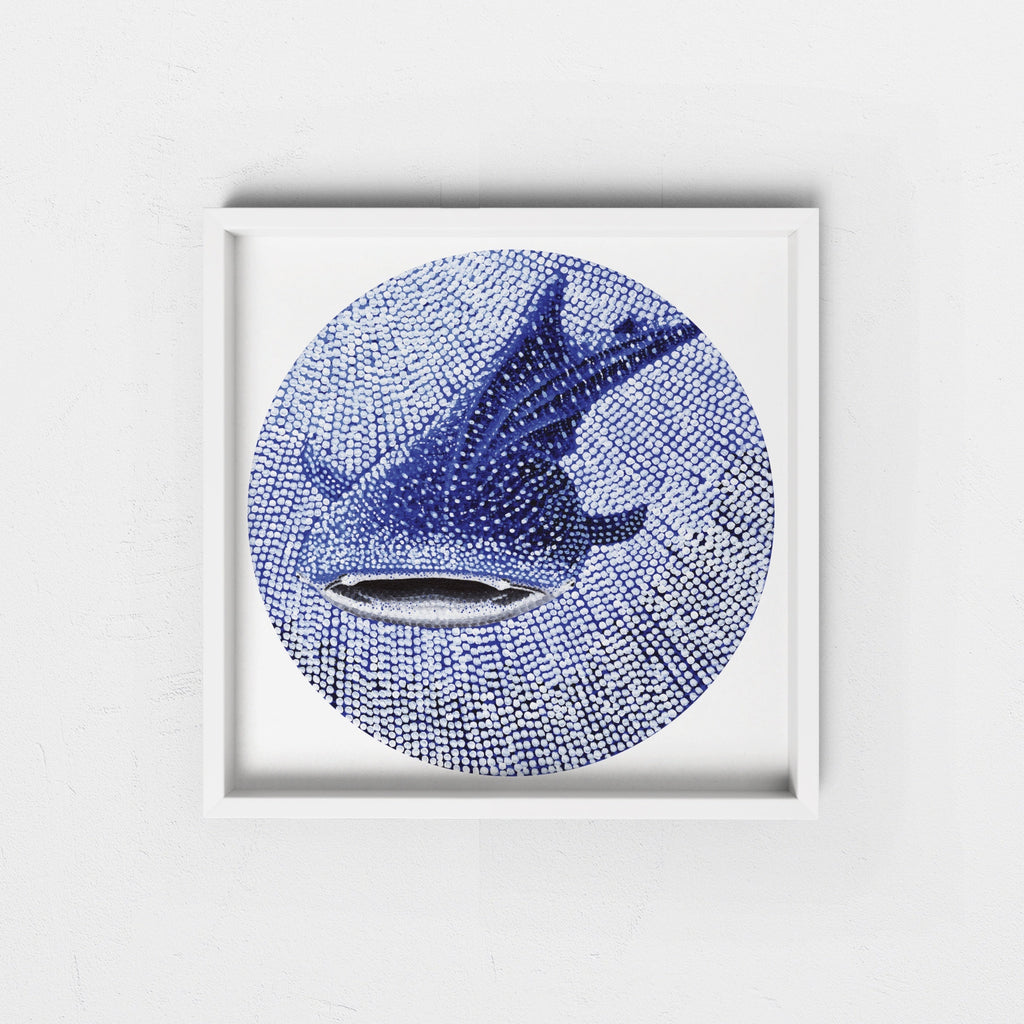 Framed artwork of a whale shark inside a circular pattern on a white background
